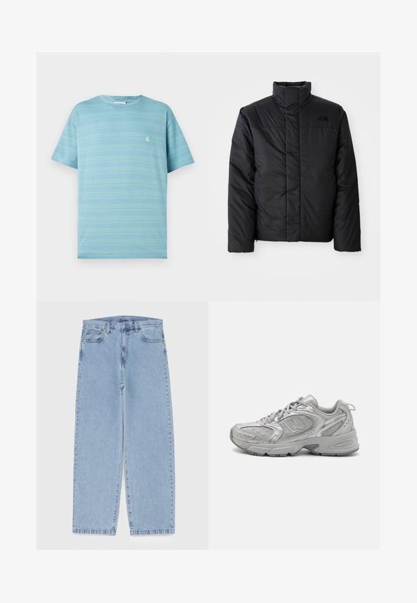 Melna izolēta jaka ar augstu apkakli, ar rāvējslēdzēja priekšpusi un logo kreisajā krūtī. Materiāls izskatās gluds un pūkains.; Zilās krāsas īsām piedurknēm T-krekls ar horizontālām svītrām un mazu logotipu uz krūtīm. Izgatavots no mīkstas auduma ar brīvu griezumu.; Gai zila džinsu bikses ar taisnu kāju dizainu, kas piedāvā vidēju vidukļa augstumu, piecas kabatas un pogas un rāvējslēdzēja aizdari.; Sudraba sporta apavi ar elegantu dizainu, acs paneļiem, mīkstu valvi, teksturētu sintētisku virsu un gumijas zoli labākai saķerei.