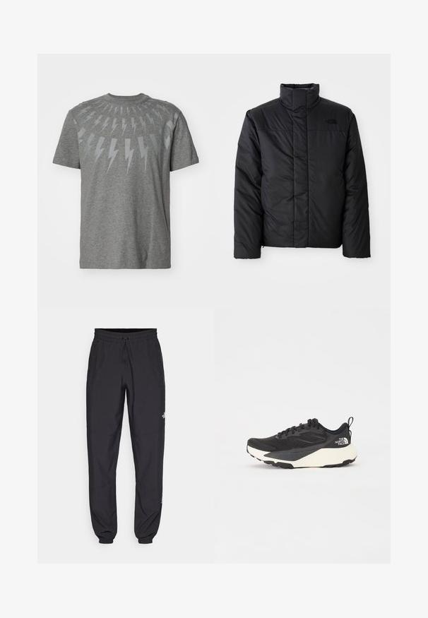 Juodas izoliuotas švarkas su aukštu apykakle, su užtrauktuku priekyje ir logotipu kairėje krūtinės pusėje. Medžiaga atrodo lygi ir pūsta.; Pilkos medvilninės marškinėlių su grafiniu dizainu, kuriame šviesiai pilki žaibai išdėstyti apvaliu raštu aplink apykaklę.; Juodos sportinės kelnės, pagamintos iš lengvos medžiagos, su raišteliu liemens srityje, šoniniais kišenėmis ir siaurėjantys apykaklės prie kulkšnies.; Juodas sportinis batelis su tekstūruotu tinkleliu, solidžiai juodais akcentais ir lengvu baltu padu. Yra raištelių uždarymas ir trauktukas.