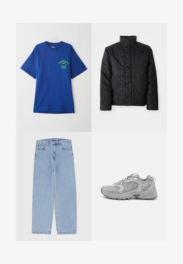 Chaqueta negra aislante con cuello alto, que cuenta con un cierre frontal y un logo en el lado izquierdo del pecho. El material parece suave y esponjoso.; Camiseta de algodón azul con cuello redondo, mangas cortas y un estampado gráfico que presenta un personaje rojo y texto en el área del lado izquierdo del pecho.; Jean de mezclilla azul claro con diseño de pierna recta, con una cintura de altura media, cinco bolsillos y un cierre de botón y cremallera.; Zapatilla deportiva plateada con un diseño elegante, paneles de malla, lengüeta acolchada, parte superior sintética texturizada y suela de goma para tracción.