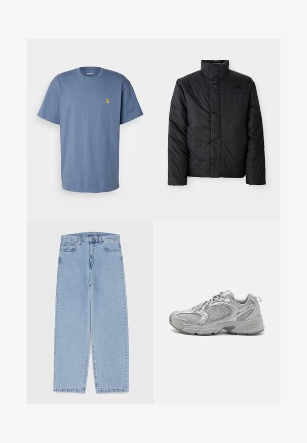 Čierna zateplená bunda s vysokým golierom, s predným zipsom a logom na ľavom hrudníku. Materiál sa zdá byť hladký a nadýchaný.; Carhartt WIP CHASE - Základné tričko - positano/gold; Svetlomodré denimové džínsy s rovnými nohavicami, s polovysokým pásom, piatimi vreckami a zapínaním na gombík a zips.; Strieborná športová obuv so štíhlym dizajnom, sieťovanými panelmi, polstrovaným jazykom, textúrovaným syntetickým zvrškom a gumovou podrážkou pre trakciu.