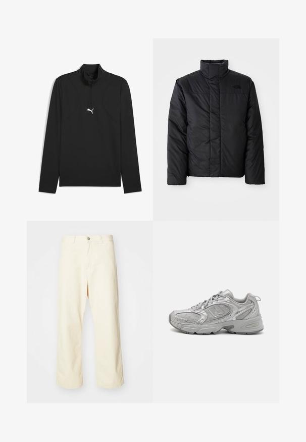 Schwarze isolierte Jacke mit hohem Kragen, ausgestattet mit einem durchgehenden Reißverschluss und einem Logo auf der linken Brust. Das Material wirkt glatt und plüschig.; Schwarzer Langarmpullover mit einem halben Reißverschluss-Kragen. Glattes, dehnbares Material mit einem weißen Puma-Logo auf der Brust und einem Detail an der Schulternaht.; Cremfarbene, weite Stoffhosen aus Baumwolle mit Knopfverschluss, Gürtelschlaufen und genähtem Saum. Glatte Textur, keine sichtbaren Muster.; Silberner Sportschuh mit schlankem Design, Mesh-Einsätzen, gepolstertem Schaft, strukturiertem Synthetik-Obermaterial und Gummisohle für Traktion.