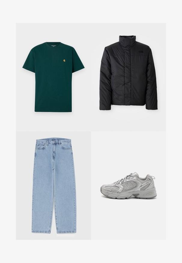 Melna izolēta jaka ar augstu apkakli, ar rāvējslēdzēja priekšpusi un logo kreisajā krūtī. Materiāls izskatās gluds un pūkains.; Zaļš kokvilnas T-krekls ar īsām piedurknēm, apaļu kakla izgriezumu un mazu dzeltenu logo uz krūšu. Gluda tekstūra un vienkāršs dizains.; Gai zila džinsu bikses ar taisnu kāju dizainu, kas piedāvā vidēju vidukļa augstumu, piecas kabatas un pogas un rāvējslēdzēja aizdari.; Sudraba sporta apavi ar elegantu dizainu, acs paneļiem, mīkstu valvi, teksturētu sintētisku virsu un gumijas zoli labākai saķerei.