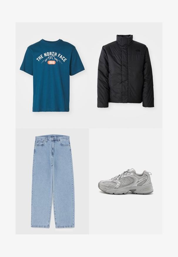 Černá zateplená bunda s vysokým límcem, která má zapínání na zip a logo na levé části hrudi. Materiál vypadá hladce a nadýchaně.; The North Face M VARSITY GRAPHIC RELAXED SS TEE - Triko s potiskem - midnight petrol; Světle modré džíny s rovnými nohavicemi, středním pasem, pěti kapsami a zapínáním na knoflík a zip.; Stříbrná sportovní obuv s elegantním designem, síťovinovými panely, polstrovaným jazykem, texturovaným syntetickým svrškem a gumovou podrážkou pro ochranu proti skluzu.