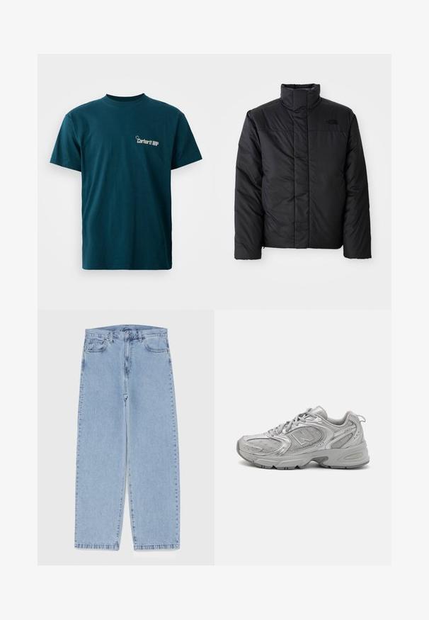 Schwarze isolierte Jacke mit hohem Kragen, ausgestattet mit einem durchgehenden Reißverschluss und einem Logo auf der linken Brust. Das Material wirkt glatt und plüschig.; Türkise Baumwoll-T-Shirt mit kurzen Ärmeln und Rundhalsausschnitt. Auf der Vorderseite befindet sich ein grafischer Druck von "Carhartt WIP" in Weiß.; Hellblaue Jeans aus Denim mit geradem Bein, ausgestattet mit einer mittelhohen Taille, fünf Taschen sowie einem Knopf- und Reißverschluss.; Silberner Sportschuh mit schlankem Design, Mesh-Einsätzen, gepolstertem Schaft, strukturiertem Synthetik-Obermaterial und Gummisohle für Traktion.