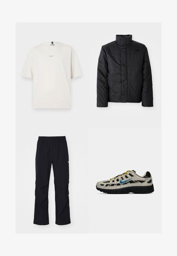 Melna izolēta jaka ar augstu apkakli, ar rāvējslēdzēja priekšpusi un logo kreisajā krūtī. Materiāls izskatās gluds un pūkains.; Oakley STACKED TEE - Apdrukāts T-krekls - mist; Melni cargo bikses, izgatavotas no viegla materiāla, ar elastīgu jostasvietu, sānu kabatām un taisnu kāju dizainu.; Beige un melnā Nike P-6000 kedas ar zilu swoosh, dzeltenām auklām, melnu zoli un Cordura auduma etiķeti uz papēža.