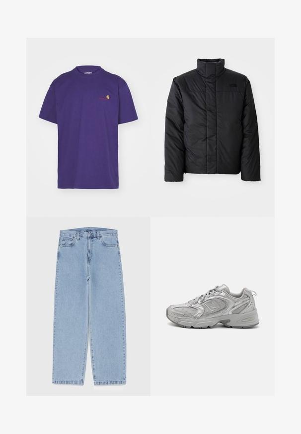 Fekete szigetelt dzseki magas gallérral, elöl cipzáros záródással és logóval a bal mellrészen. Az anyaga simának és pufiknak tűnik.; Carhartt WIP AMERICAN SCRIPT - Basic póló - aura; Világoskék farmernadrág egyenes szárú kivitelben, közepes derékkal, öt zsebbel, gombos és cipzáros záródással.; Ezüst sportcipő, amely sima dizájnú, hálós panelekből áll, párnázott nyelve van, texturált szintetikus felsőrésze van, és gumitalpa biztosítja a tapadást.