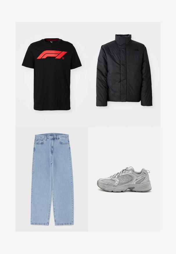 Juodas izoliuotas švarkas su aukštu apykakle, su užtrauktuku priekyje ir logotipu kairėje krūtinės pusėje. Medžiaga atrodo lygi ir pūsta.; Juodas medvilninis marškinėliai su dideliu raudonu „Formula 1“ logotipu priekyje. Apvalus kaklas ir trumpi rankovės, glotni tekstūra.; Šviesiai mėlyni džinsai su tiesiomis kojomis, turintys vidutinio aukščio juosmenį, penkias kišenes ir mygtuko bei užtrauktuko uždarymą.; Sidabriniai sportiniai bateliai su šiuolaikiniu dizainu, tinklelio panelėmis, paminkštinta liežuvėliu, tekstūruotu sintetiniu viršumi ir guminiais padu, užtikrinančiais sukibimą.