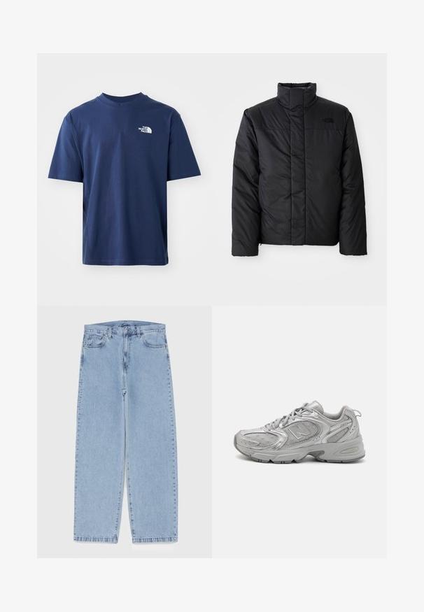 Fekete szigetelt dzseki magas gallérral, elöl cipzáros záródással és logóval a bal mellrészen. Az anyaga simának és pufiknak tűnik.; Sötétkék pamut póló kerek nyakkal, rövid ujjakkal és fehér logóval a bal felső mellrészen. Simaság jellemzi, normál szabású.; Világoskék farmernadrág egyenes szárú kivitelben, közepes derékkal, öt zsebbel, gombos és cipzáros záródással.; Ezüst sportcipő, amely sima dizájnú, hálós panelekből áll, párnázott nyelve van, texturált szintetikus felsőrésze van, és gumitalpa biztosítja a tapadást.