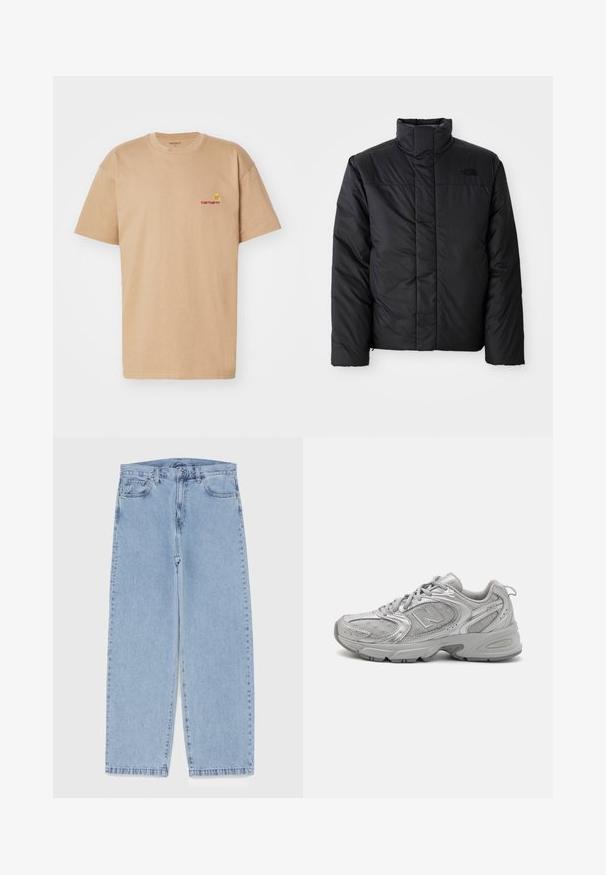 Must suuretusega must isoleeritud jakk kõrge kraega, millel on lukuga esiosa ja logo vasakul rinnal. Materjal näeb välja sile ja turske.; Beige puuvillane T-särk lühikeste varrukatega, ümmarguse kaelusega ja punane Carhartti logo brodeeritud vasakul rinnal. Lihtne, vabaaja sobivuse disain.; Heled sinise denimi sirgete põlvede lõikega teksad, millel on keskmise kõrgusega vöökoht, viis taskut ning nööbid ja tõmblukk.; Hõbedane sportlik jalanõud, millel on stiilne disain, võrkpaneelid, pehmendatud keel, tekstureeritud sünteetiline pealmine osa ja kummist välistald haardumise tagamiseks.