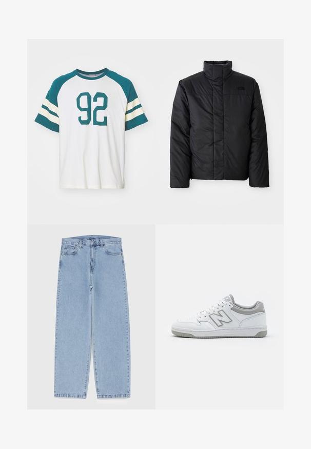 Juodas izoliuotas švarkas su aukštu apykakle, su užtrauktuku priekyje ir logotipu kairėje krūtinės pusėje. Medžiaga atrodo lygi ir pūsta.; Balta marškinėliai su teal spalvos raglano rankovėmis ir dideliu teal spalvos skaičiumi "92" atspaustu priekyje, rankovėse yra baltos ir teal spalvos juostos.; Šviesiai mėlyni džinsai su tiesiomis kojomis, turintys vidutinio aukščio juosmenį, penkias kišenes ir mygtuko bei užtrauktuko uždarymą.; Balti odiniai sportbačiai su pilkomis detalėmis, turintys perforuotą nosies dalį, lygias raišteles ir raštuotą padą. "New Balance" logotipas šone.