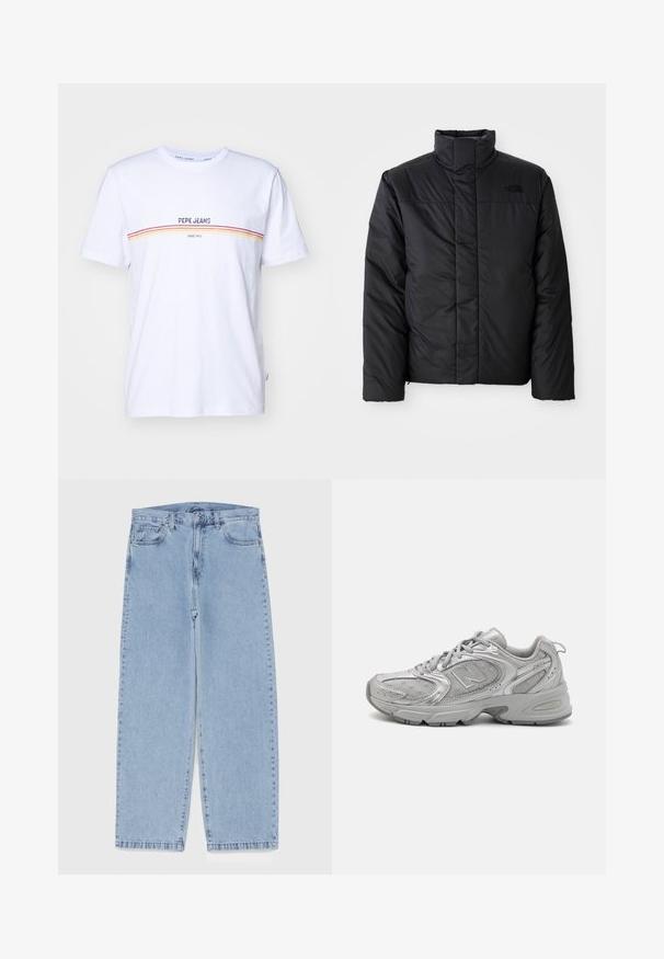 Fekete szigetelt dzseki magas gallérral, elöl cipzáros záródással és logóval a bal mellrészen. Az anyaga simának és pufiknak tűnik.; Fehér pamut póló rövid ujjakkal, középen nyomtatott logóval és vízszintes csíkokkal piros, narancs és sárga színben a mellkas részen.; Világoskék farmernadrág egyenes szárú kivitelben, közepes derékkal, öt zsebbel, gombos és cipzáros záródással.; Ezüst sportcipő, amely sima dizájnú, hálós panelekből áll, párnázott nyelve van, texturált szintetikus felsőrésze van, és gumitalpa biztosítja a tapadást.