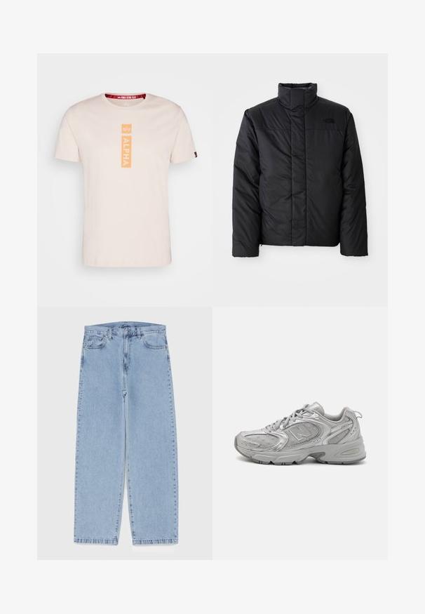 Melna izolēta jaka ar augstu apkakli, ar rāvējslēdzēja priekšpusi un logo kreisajā krūtī. Materiāls izskatās gluds un pūkains.; Gaiši rozā, īsām piedurknēm t-krekls, izgatavots no kokvilnas, ar vertikālu oranžu "ALPHA" logotipu centrā un sarkanu zīmola kakla etiķeti.; Gai zila džinsu bikses ar taisnu kāju dizainu, kas piedāvā vidēju vidukļa augstumu, piecas kabatas un pogas un rāvējslēdzēja aizdari.; Sudraba sporta apavi ar elegantu dizainu, acs paneļiem, mīkstu valvi, teksturētu sintētisku virsu un gumijas zoli labākai saķerei.