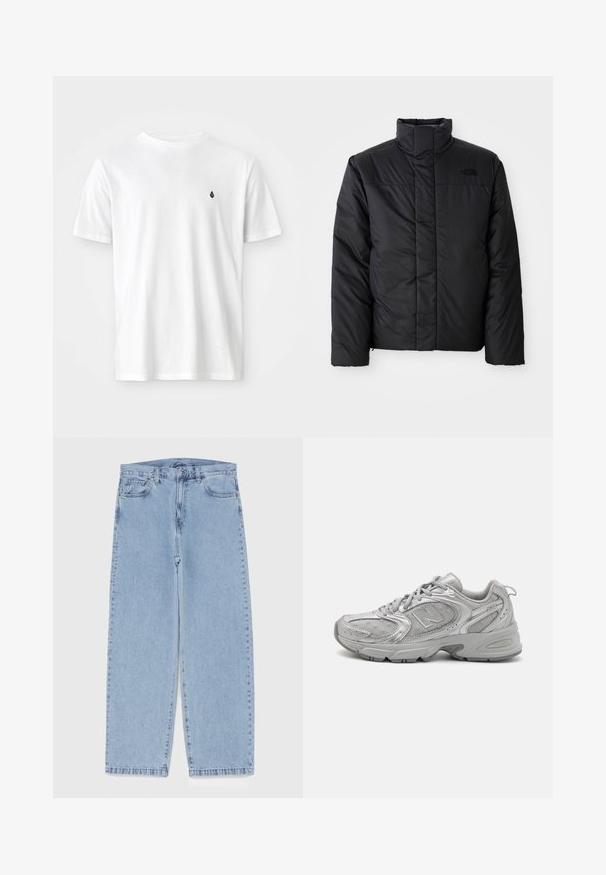 Giacca nera isolante con colletto alto, dotata di chiusura frontale con zip e logo sul lato sinistro del petto. Il materiale sembra liscio e imbottito.; T-shirt bianco in cotone con collo a giro classico, maniche corte e un piccolo logo nero sul lato sinistro del petto. Tessuto liscio, vestibilità casual.; Jeans in denim azzurro chiaro con design a gamba dritta, caratterizzati da una vita media, cinque tasche e chiusura con bottone e zip.; Scarpa da atletica argentata con un design elegante, pannelli in rete, linguetta imbottita, tomaia sintetica testurizzata e suola in gomma per la trazione.
