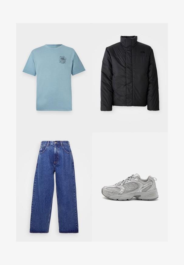 Zwarte geïsoleerde jas met hoge kraag, voorzien van een ritssluiting aan de voorkant en een logo op de linkerborst. Het materiaal lijkt glad en luchtig.; Lichtblauwe katoen t-shirt met een relaxte pasvorm, voorzien van een klein zwart grafisch ontwerp op de linkerkant van de borst. Korte mouwen en een ronde hals.; Wijd gesneden, blauwe denim jeans met een hoge taille, voorzien van vijf zakken, een knoopsluiting en subtiele vervaging voor textuur.; Zilveren hardloopschoen met een slank design, gaaspanelen, een gevoerde tong, textuur van synthetisch bovenwerk en rubberen buitenzool voor grip.