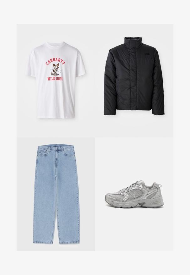 Juodas izoliuotas švarkas su aukštu apykakle, su užtrauktuku priekyje ir logotipu kairėje krūtinės pusėje. Medžiaga atrodo lygi ir pūsta.; Balta medvilninė marškinėliai su raudonu išsiuvinėtu tekstu "CARHARTT WILD DOGS" ir piešiniu su šunimi priekyje. Trumpomis rankovėmis, apvalia iškirpte.; Šviesiai mėlyni džinsai su tiesiomis kojomis, turintys vidutinio aukščio juosmenį, penkias kišenes ir mygtuko bei užtrauktuko uždarymą.; Sidabriniai sportiniai bateliai su šiuolaikiniu dizainu, tinklelio panelėmis, paminkštinta liežuvėliu, tekstūruotu sintetiniu viršumi ir guminiais padu, užtikrinančiais sukibimą.