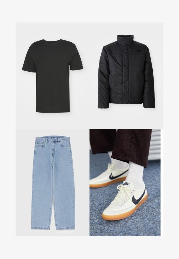 Čierna zateplená bunda s vysokým golierom, s predným zipsom a logom na ľavom hrudníku. Materiál sa zdá byť hladký a nadýchaný.; Čierne tričko vyrobené z jemnej bavlny, s krátkymi rukávmi a okrúhlym výstrihom. Jednoduchý dizajn s malým logom na ľavom rukáve.; Svetlomodré denimové džínsy s rovnými nohavicami, s polovysokým pásom, piatimi vreckami a zapínaním na gombík a zips.; Nike tenisky z bielej kože s námorníckym swooshom, s gumovou podrážkou a bielymi šnúrkami, skombinované s bielymi ponožkami a tmavými kordovým nohavicami.
