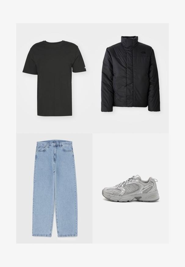 Černá zateplená bunda s vysokým límcem, která má zapínání na zip a logo na levé části hrudi. Materiál vypadá hladce a nadýchaně.; Černé tričko vyrobené z měkké bavlny, s krátkými rukávy a kulatým výstřihem. Jednoduchý design s malým logem na levém rukávu.; Světle modré džíny s rovnými nohavicemi, středním pasem, pěti kapsami a zapínáním na knoflík a zip.; Stříbrná sportovní obuv s elegantním designem, síťovinovými panely, polstrovaným jazykem, texturovaným syntetickým svrškem a gumovou podrážkou pro ochranu proti skluzu.