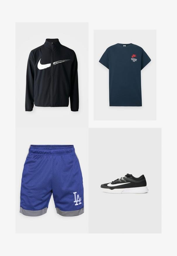 Jaqueta atlética preta com gola alta, zíper frontal e punhos elásticos. Apresenta um grande gráfico branco do swoosh da Nike no peito.; T-shirt de algodão azul-marinho com mangas curtas. Apresenta um logótipo vermelho da Nike e texto branco "APENAS PESSOAL AUTORIZADO" no lado esquerdo do peito.; Bermudas desportivas em malha azul com um acabamento cinzento. Apresentam um cós elástico e um logo branco "LA" na perna esquerda. Tecido leve e respirável.; Sapatilha atlética preta com um parte superior texturada, logotipo Swoosh branco, design com atacadores e sola de borracha com um padrão de rasto.