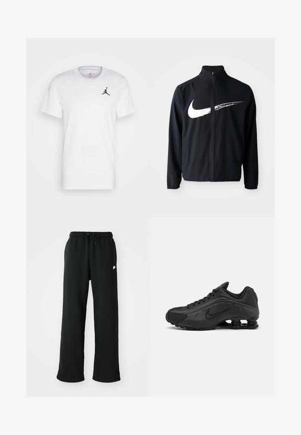 Jachetă sport neagră cu guler înalt, fermoar frontal și manșete elastice. Include un grafic mare cu logo-ul Nike alb pe piept.; Tricou alb din bumbac cu un logo negru Jordan pe partea stângă a pieptului, design cu gât rotund, mâneci scurte și textură netedă.; Pantaloni de trening negri, dintr-un material moale, având un brâu elastic cu șnur ajustabil și un accent logo mic pe lateral.; Pantofi de alergare negri, cu o parte superioară netedă din material sintetic, accente perforate, panouri laterale texturate și o talpă distinctivă și elastică.