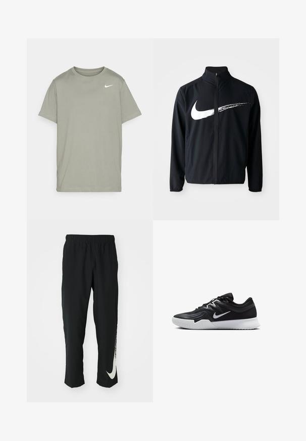 Svart treningsjakke med høy hals, frontlomme med glidelås og elastiske mansjetter. Har en stor hvit Nike swoosh-grafikk over brystet.; Nike Performance TEE CREW SOLID - T-skjorte til trening - dark stucco; Svarte treningbukser med elastisk midje, smalere design, med en stor hvit Nike-logo på venstre bein. Myk, lett stoff.; Svart treningssko med teksturert overdel, hvit Nike-swoosh og hvit gummisåle. Har snøring og en dynamisk form.