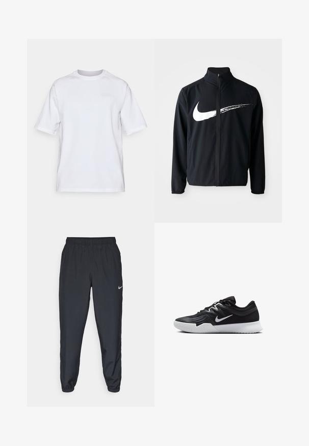 Černá sportovní bunda s vysokým límcem, předním zipem a elastickými manžetami. Obsahuje velké bílé logo Nike ve tvaru swoosh na prsou.; Bílá trička s krátkým rukávem a kulatým výstřihem, vyrobené z hladké látky. Obsahuje jemné logo v o něco tmavším odstínu na hrudi.; Černé tepláky vyrobené z lehkého materiálu s elastickým pasem, manžetami na kotnících a diskrétním logem Nike na levé straně.; Černá atletická bota s texturovaným svrškem, bílým logem Nike a bílou gumovou podrážkou. Disponuje šněrovacím designem a dynamickým tvarem.