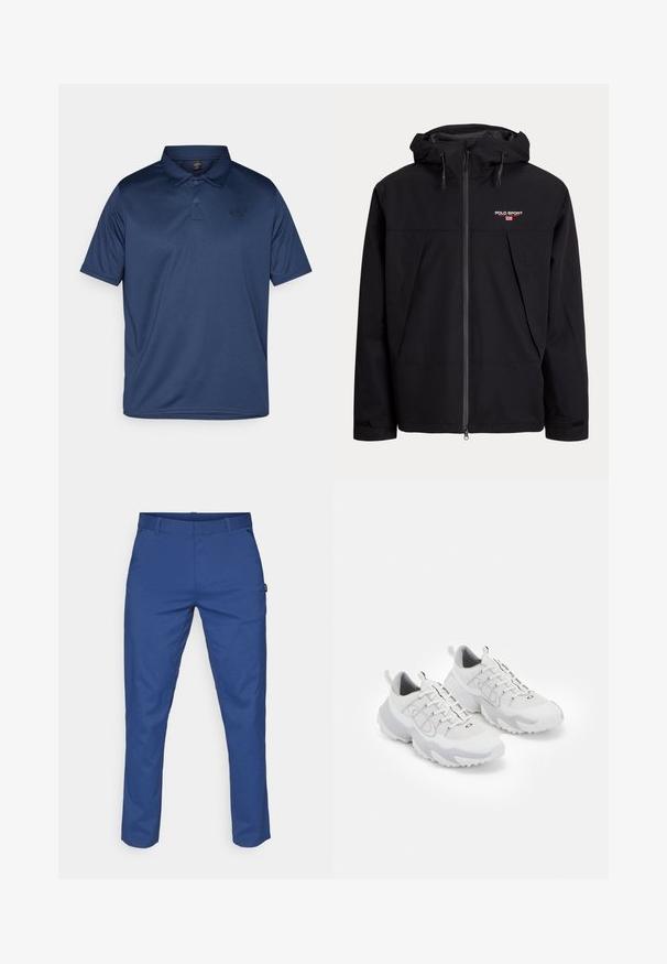 Tartós szövetből készült fekete kültéri dzseki, kapucnival, elülső cipzáras záródással, mellrészen logóval és két elülső zsebbel, amelyeken záróborítás található.; Sötétkék pólóing sima, légáteresztő anyagból. Klasszikus gallérral, három gombbal és kicsi logóval rendelkezik a bal mellemén.; Simafabricból készült kék nadrág, egyenes szabással, két oldalsó zsebbel és övhurkokkal. Nincs látható minta vagy hardver részlet.; Fehér sportcipők, hálós felsőrésszel, szürke részletekkel, textúrált gumitalppal és hátsó húzófülekkel; fűzős kialakítással.