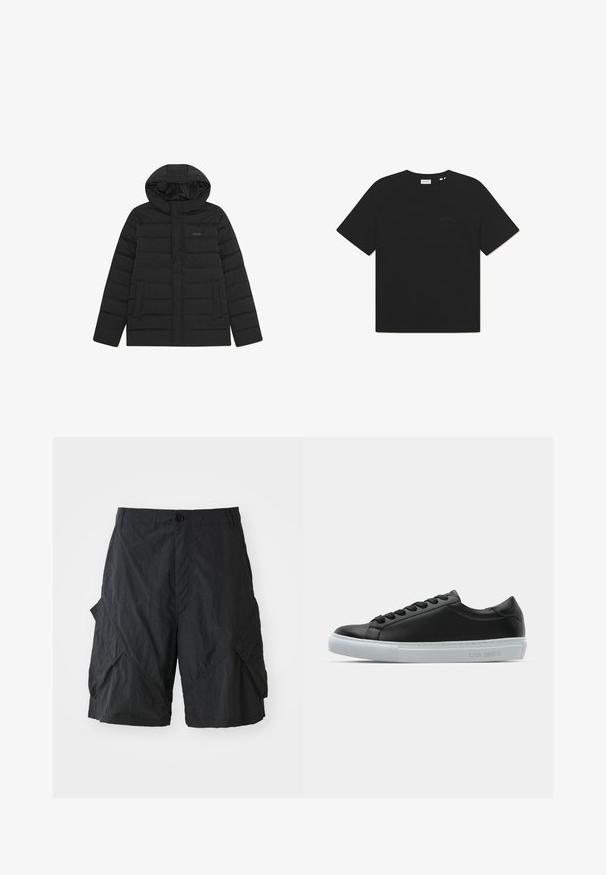Doudoune noire avec capuche, présentant un design matelassé, une texture lisse et deux poches avant. Logo discret sur la poitrine.; T-shirt en coton noir à col rond et manches courtes. Présente un logo textuel subtil à l'avant. Texture douce et coupe décontractée.; Shorts cargo noirs en matériau léger, avec une surface texturée, fermeture par bouton et plusieurs poches latérales.; Basket en cuir noir avec une finition lisse, semelle en caoutchouc blanc, lacets plats et design minimaliste. Présente un logo en relief sur le côté.