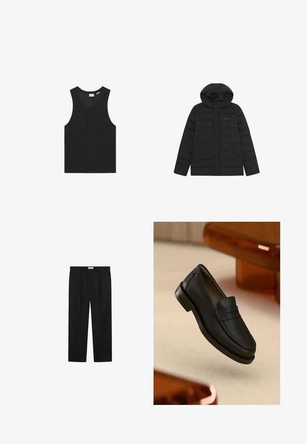 Svart puffjakke med hette, med en quiltet design, glatt tekstur og to frontlommer. Diskret logo på brystet.; Svart tanktopp med teksturert mønster, ermene er fraværende og rund hals. Laget av lett strikket materiale.; Sorte skreddersydde bukser med frontfalter, rett bendesign og knappelukking. Stoffet ser glatt ut med en lett glans.; Svart lærloafer med teksturert finish, med sydd søm og gummisåle. Lagt mot en lys overflate.