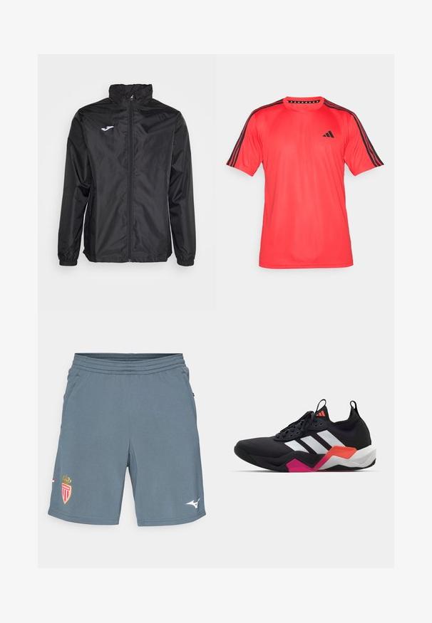Mustat tuulenpitävä takki, kevyt materiaali, etuvetoketju, korkea kaulus, joustavat hihansuut, jossa on pieni valkoinen logo rinnassa.; adidas Performance TRAIN ESSENTIALS BASE 3-STRIPES - Tekninen t-paita - pure ruby/black; Harmaat urheilushortsit, jotka on valmistettu kevyestä kankaasta. Niissä on joustava vyötärö, sivutaskut ja punakultainen joukkueen logo vasemmassa lahkeessa.; Musta urheilukenkä valkoisilla raidalla, teksturoitu päällinen ja paksu pohja, jossa oranssia, vaaleanpunaista ja valkoista korostusta. Nauhakiinnitys ja vetotappi.
