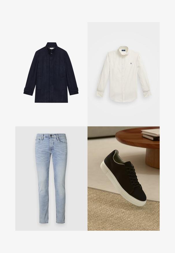 Férfi sötét tengerészkék gyapjú kabát magas gallérral, nyaknál két gombbal, hosszú ujjal és két oldalsó zsebbel.; Fehér, hosszú ujjas, pamut ing, gombos gallérral, egyetlen mellzsebbel és egy kis sötétkék logóval a bal oldalon.; Gyakran kék farmernadrág, keskeny fazonnal, öt zsebes kialakítással és cipzáros derékkal. Finom elszíneződések és varrott részletek találhatók az illesztéseknél.; Fekete sneakers fehér talppal lebeg egy bézs textúrájú szőnyeg felett, egy kerek fából készült asztal közelében, rajta egymásra pakolt könyvekkel.