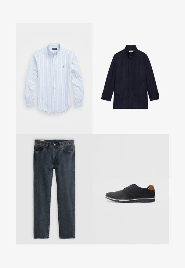 Men's dark navy wool coat with high collar, two buttons at neck, long sleeves, and two side pockets.; Light blue and white striped button-up shirt with a collared neck, long sleeves, and a small embroidered logo on the chest. Cotton material.; Dark blue denim jeans with a straight leg design, five pockets, and a button-fly closure. The fabric shows a subtle fade and texture.; Black synthetic shoes with a textured upper, smooth accents, brown heel, and a contrasting sole. Features minimal lacing and stitch details.
