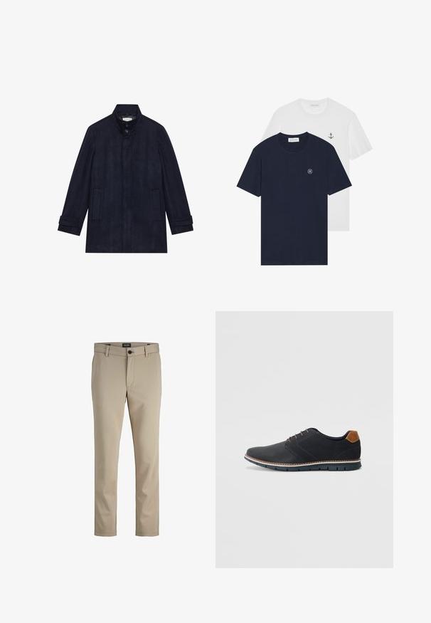 Manteau en laine bleu marine foncé pour homme avec un col haut, deux boutons au cou, des manches longues et deux poches latérales.; Deux t-shirts : l'un bleu marine avec un logo circulaire, l'autre blanc avec un petit motif d'ancre. Fabriqués en coton, à manches courtes.; Pantalon beige en tissu lisse, avec une taille plate, fermeture à bouton et jambes droites avec des détails de couture subtils.; Chaussures synthétiques noires avec un dessus texturé, accents lisses, talon marron et semelle contrastante. Présente un laçage minimal et des détails de couture.