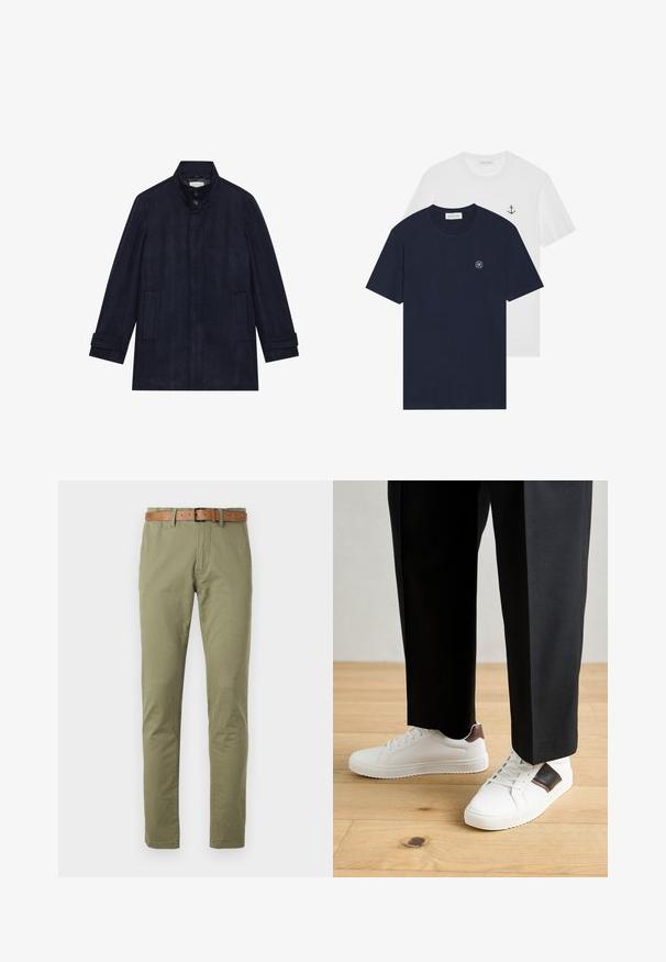 Pánsky tmavomodrý vlnený kabát s vysokým golierom, dvoma gombíkmi pri krku, dlhými rukávmi a dvoma bočnými vreckami.; Dve tričká: jedno námorníckomodré s kruhovým logom, druhé biele so malým vzorom kotvy. Vyrobené z bavlny, s krátkym rukávom.; Olivovo zelené bavlnené nohavice so strihom rovného nohu, so hnedým koženým pásom a hladkým povrchom. Jednoduché predné vrecká.; Biele tenisky s hladkým povrchom, s hnedými koženými akcentmi a čiernymi detailmi, spárované s čiernymi elegantnými nohavicami. Pozadím je drevená podlaha.
