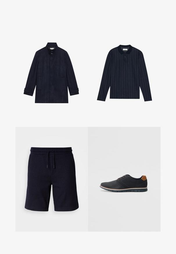 Menns mørk marineblå ullfrakk med høy krage, to knapper ved halsen, lange ermer og to sidelommer.; Marineblå langermet polo med krage, med tynne vertikale striper og knappelukking med tre knapper. Myk stofftekstur.; Marineblå shorts med elastisk midjebånd og snor. Teksturliknende stoff med en glatt overflate, med sidesømmer.; Sorte syntetiske sko med en teksturert overdel, glatte detaljer, brun hæl og en kontrastfarge på sålen. Har minimalt snøring og sømdetaljer.