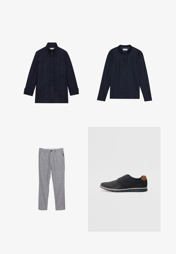 Mænds mørk navy uldfrakke med høj krave, to knapper ved halsen, lange ærmer og to sidelommer.; Marineblå langærmet polo med krave, der har tynde lodrette striber og en treknaps lukning. Blødt stof.; Grå, lige benbukser lavet af tekstureret stof. Har en knappelukning, bæltestropper og en lille sidelomme.; Sorte syntetiske sko med en tekstureret overdel, glatte accenter, brun hæl og en kontrasterende sål. Har minimale snørebånd og syningsdetaljer.