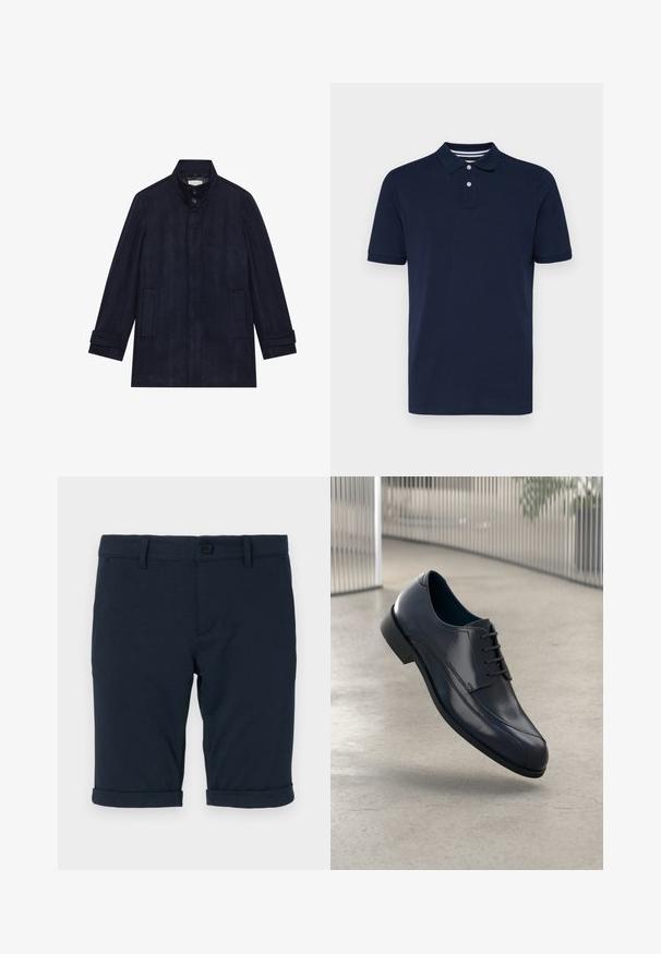 Vīriešu tumši zila vilnas mēteli ar augstu apkakli, divām pogām pie kakla, garām piedurknēm un divām sānu kabatām.; Jūras zila īsām piedurknēm polo krekls, kas izgatavots no kokvilnas, ar apkakli un trim pogām, kā arī nemanāmiem horizontāliem svītrām apkaklī.; Tumši zilie šorti, izgatavoti no kokvilnas ar gludu tekstūru, ar salocītiem piedurkņu galiem un pogu aizdari jostasvietā.; Spīdīga melna ādas svinīgā kurpe ar auklēm, kas karājas virs gludas, gaiši pelēkas grīdas un vertikālām metaliskām stangām fona.