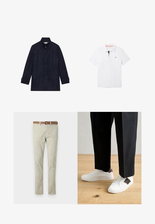 Vīriešu tumši zila vilnas mēteli ar augstu apkakli, divām pogām pie kakla, garām piedurknēm un divām sānu kabatām.; Balta polo krekls ar melnu apkakli un oranžiem akcentiem, īsām piedurknēm un nelielu logotipu uz krūšu daļas. Izgatavots no elpojošas kokvilnas maisījuma.; Bežīgas kokvilnas šinas ar taisnu kāju griezumu. Iezīmēts ar brūnu ādas jostu, jostu cilpiņām un standarta priekšējām un aizmugurējām kabatām.; Baltā pārsoļa apavi ar gludu tekstūru, papildināti ar brūniem ādas akcentiem un melniem elementiem, savienoti ar melnām pielāgotām biksēm. Koka grīdas fons.