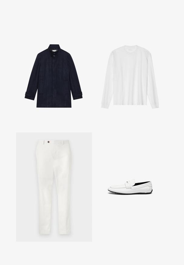 Pánsky tmavomodrý vlnený kabát s vysokým golierom, dvoma gombíkmi pri krku, dlhými rukávmi a dvoma bočnými vreckami.; Biele bavlnené tričko s dlhým rukávom a okrúhlym výstrihom, s rebrovanými manžetami a rovný lemom, hladkou textúrou a minimalistickým dizajnom.; Biele nohavice z ľahkej tkaniny, so strihom rovného nohavice, jedným hnedým gombíkom v páse a minimalistickým dizajnom.; Biele kožené loafers s hladkým povrchom, so šitým akcentom, zaoblenou špičkou a čiernou gumovou podrážkou pre lepšiu priľnavosť.