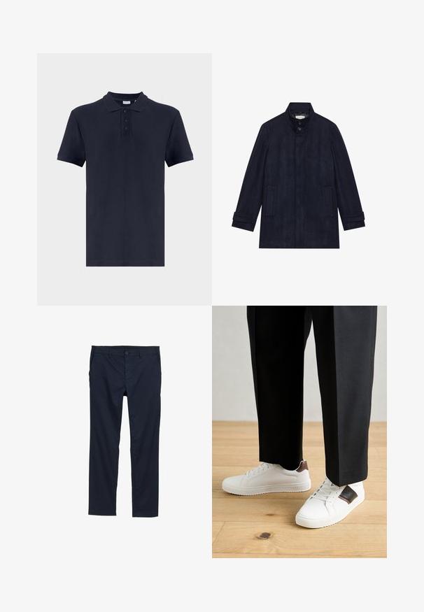 Pánský tmavě modrý vlněný kabát s vysokým límcem, dvěma knoflíky u krku, dlouhými rukávy a dvěma bočními kapsami.; Námořnické polo tričko z texturované tkaniny, s klasickým límcem, třemi knoflíky a krátkým rukávem. Jednoduchý design se rovnými liniemi.; Světlé námořnické modré kalhoty s hladkou texturou, rovnými nohavicemi, knoflíkovým zapínáním a bočními kapsami.; Bílé tenisky s hladkým povrchem, s hnědými koženými akcenty a černými detaily, kombinované s černými kalhotami na míru. Pozadí tvoří dřevěná podlaha.