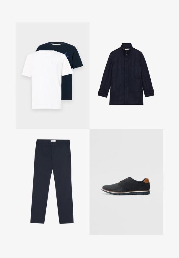 Abrigo de lana azul marino oscuro para hombre con cuello alto, dos botones en el cuello, mangas largas y dos bolsillos laterales.; Dos camisetas de cuello redondo: una blanca con texto claro, y otra azul marino con un estampado gráfico. Ambas son de manga corta y están hechas de una tela suave.; Chinos azul marino de algodón con una textura suave, que cuentan con un cierre de cremallera, trabillas para el cinturón y bolsillos laterales para mayor funcionalidad.; Zapatos sintéticos negros con un upper texturizado, acentos lisos, tacón marrón y una suela en contraste. Presenta un cordón mínimo y detalles de costura.