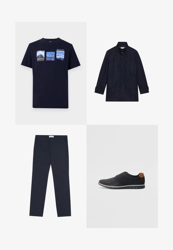 Casaco de lã azul-marinho masculino, com colarinho alto, dois botões no pescoço, mangas longas e dois bolsos laterais.; T-shirt azul marinho feito de tecido texturizado, apresentando quatro imagens impressas com temas paisagísticos e texto em branco, gola redonda e mangas curtas.; Chinos azul-marinho feitos de algodão com uma textura suave, apresentando um fecho de correr, passantes para cinto e bolsos laterais para funcionalidade.; Sapatos sintéticos pretos com um upper texturizado, pormenores lisos, salto castanho e uma sola contrastante. Apresentam um sistema de atacadores mínimo e detalhes de costura.