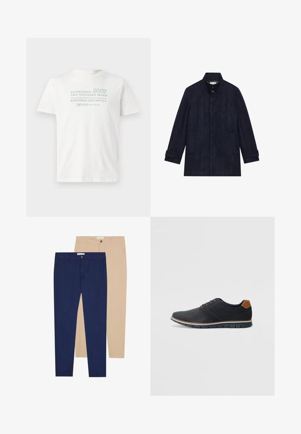 Meeste tume navy villane mantel kõrge kraega, kahe nööbiga kaelal, pikad varrukad ja kaks küljetaskut.; Valge puuvillane T-särk, millel on helesinised tekstid "Asutatud 2007" ja "Põhjamaine Esteetika", ümmargune kaelus ja lühikesed varrukad.; Kaks paari pükse: üks tumesinine, teine beež. Mõlemad on sirge lõikega, nööbi sulgemisega ja siledast kangast.; Mustavad sünteetilised jalatsid tekstureeritud pealsega, siledad aktsendid, pruun kand ja kontrastne tall. Omab minimaalset lukkude ja õmbluste dekoratsiooni.