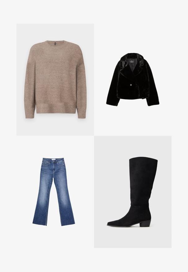 Czarna kurtka z sztucznego futra o kroju krótkim z szalem, zapinana na jeden guzik, o miękkiej i gładkiej fakturze. Posiada długie rękawy i błyszczące wnętrze.; Beżowy sweter dziany z okrągłym dekoltem, długimi rękawami, ściągaczem u dołu i na mankietach, posiadający miękkie, teksturowane wykończenie.; Niebieskie dżinsy o wysokim stanie, z przednimi kieszeniami i delikatnym zwężeniem u dołu, na białym tle.; Czarne zamszowe muszki do kolan z niskim obcasem blokowym i spiczastym noskiem, zaprezentowane w widoku bocznym na jednolitym jasnoszarym tle.