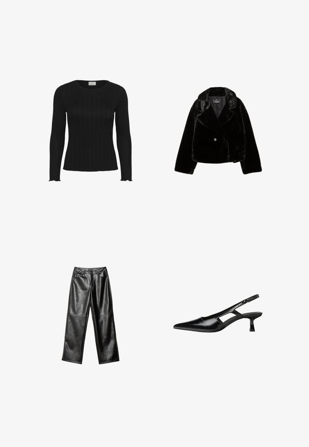 Črna umetna krzna skrajšana jakna z šalom, z enim gumbom in mehko, gladko teksturo. Ima dolge rokave in sijočo notranjost.; Črni rebrasti top z dolgimi rokavi in okroglim izrezom ter valovitimi robovi, izdelan iz raztegljivega materiala za prileganje.; Črne usnjene hlače širokega kroja z gladko teksturo, petimi žepi in šivi vzdolž hlačnic ter pasu.; Črne patentični usnjeni salonarji s slingback designom, z zašiljenim nosom, izrezanim stranskim dizajnom in majhnim kvadratnim peto. Gladka tekstura z minimalnimi detajli.