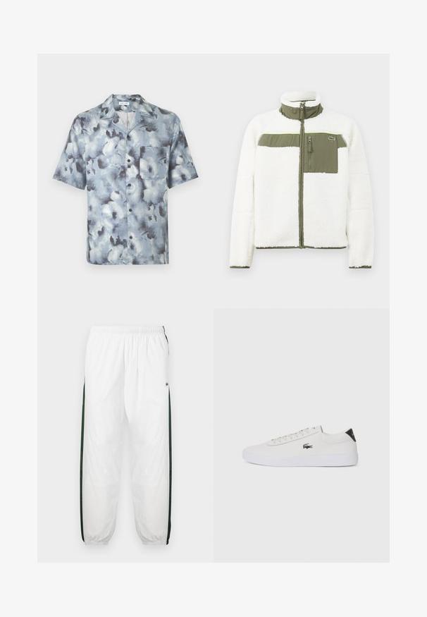 Bílá fleecová bunda s olivovými akcenty, vysokým límcem, kapsou na zip na hrudi a ribbovanými manžetami. Obsahuje logo na levé straně.; Košile s krátkým rukávem na knoflíky, s límečkem typu spread a kapsou na prsou v modrošedém abstraktním vzoru připomínajícím mraky.; Bílé tepláky s tmavě zelenými postranními panely. Lehký materiál, elastický pas a stahované lemy. Obsahují síťovanou texturu na postranních panelech.; Bílé kožené tenisky s kulatou špičkou, šněrováním vpředu a černým akcentem na patě. Na boku se nachází malé vyšívané logo krokodýla.