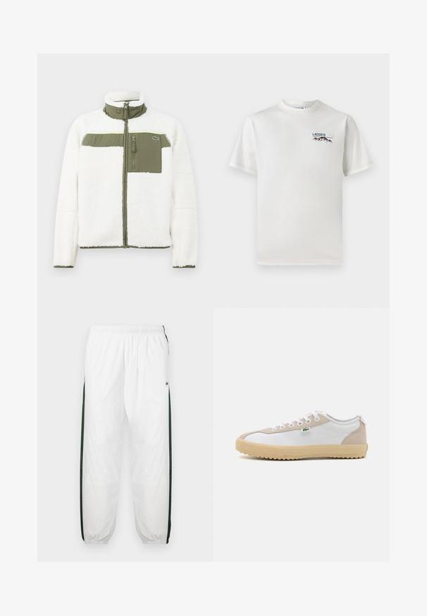 White fleece jacket with olive accents, high collar, zippered chest pocket, and ribbed cuffs. Features a logo on the left side.; White cotton T-shirt with a round neckline, short sleeves, and a small embroidered logo featuring mountains and text on the left chest.; White track pants with dark green side panels. Lightweight material, elastic waistband, and cuffed hems. Features mesh texture on side panels.; Lacoste sneaker featuring a white canvas upper with beige suede accents, round toe, flat lace-up design, and a textured rubber sole.