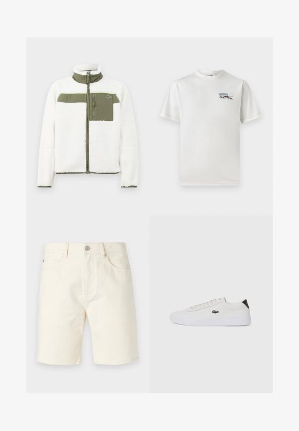 Chaqueta de felpa blanca con acentos en oliva, cuello alto, bolsillo de pecho con cremallera y puños acanalados. Presenta un logo en el lado izquierdo.; Camiseta de algodón blanca con cuello redondo, mangas cortas y un pequeño logotipo bordado que presenta montañas y texto en el lado izquierdo del pecho.; Pantalones cortos de mezclilla en color beige claro con un corte clásico, que presentan bolsillos frontales, trabillas para el cinturón y cierre de botón. Textura suave con un color sólido.; Zapatilla de cuero blanca con punta redonda, parte frontal con cordones y acento negro en el talón. Presenta un pequeño logo de cocodrilo bordado en el lateral.