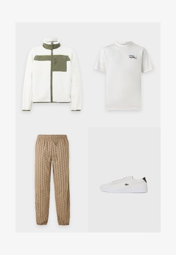 Hvit fleecejakke med olivenfarget detaljer, høy krage, glidelåslomme på brystet og ribbestrikkede mansjetter. Har en logo på venstre side.; Hvit bomull T-skjorte med rund hals, korte ermer, og en liten brodert logo med fjell og tekst på venstre bryst.; Beige joggebukser med elastisk midje og ankler, med et gjentakende geometrisk mønster av mørkebrune stiliserte "B"-former.; Hvit lær sneakers med rund tå, snøring foran og svart hælakkent. Har en liten brodert krokodillelogo på siden.