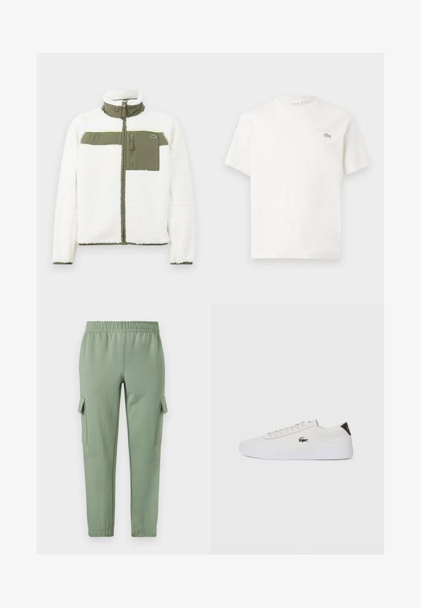 White fleece jacket with olive accents, high collar, zippered chest pocket, and ribbed cuffs. Features a logo on the left side.; White cotton t-shirt with short sleeves, featuring a subtle embroidered logo and minimalistic design. Soft texture, crew neckline.; Light green sweatpants with an elastic waistband, tapered legs, and two side cargo pockets. Made from soft, breathable fabric.; White leather sneaker with round toe, lace-up front, and black heel accent. Features a small embroidered crocodile logo on the side.