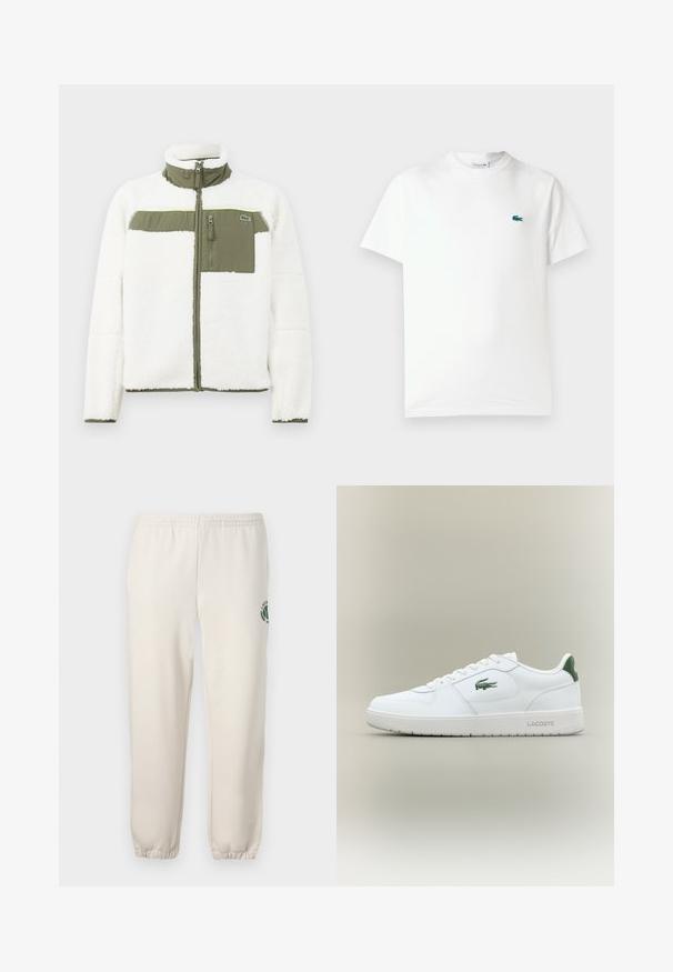 Weißer Fleece-Jacke mit olivenfarbigen Akzenten, hohem Kragen, Reißverschluss-Brusttasche und gerippten Bündchen. Mit einem Logo auf der linken Seite.; Weißes Baumwoll-T-Shirt mit Rundhalsausschnitt, kurzen Ärmeln und einem kleinen grünen gestickten Krokodil-Logo auf der linken Brust.; Helle beige Sweatpants aus Baumwolle mit einem elastischen Bund, gerippten Bündchen und einem grünen Logo mit Blattdesign am linken Bein.; Weiße Leder-Sneaker mit glatter Oberfläche, grünen Akzenten an der Ferse und einem grünen Logo an der Seite. Verfügt über eine flache Sohle und eine runde Zehenform.